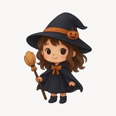 Cute witch with broomstick illustration.