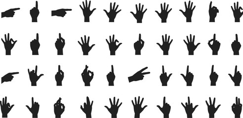 Silhouette hand gesture icons vector collection, finger sign illustration, black hand symbols, pointing, OK sign, peace, flat shadow cad drawing vector