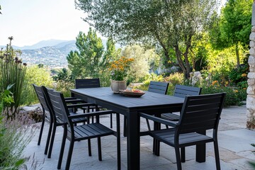 a modern black outdoor dining table and six chairs