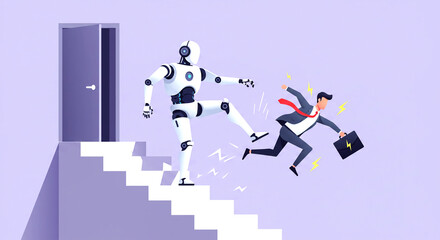Robot Kicking Businessman Down Stairs, Automation and Job Loss, Artificial Intelligence Replacing Human Labor