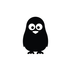 Simple black silhouette of a cute cartoon bird character with large, expressive eyes. A minimalist animal logo or icon design isolated on a white background.
