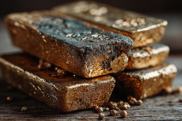 Gold bar stack with rough texture and small gold nuggets on wooden surface, vintage style close up image with warm lighting