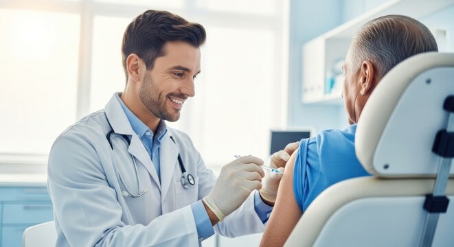A doctor giving a vaccine to an elderly patient in a medical office.