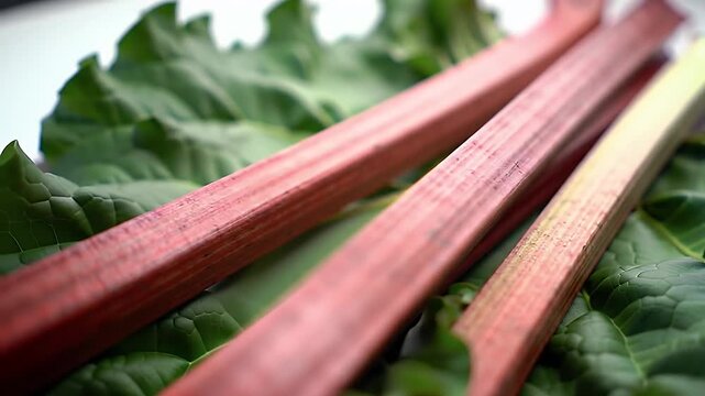 Vibrant Pink Rhubarb Stems Resting on Green Leaves Detailed Still Life