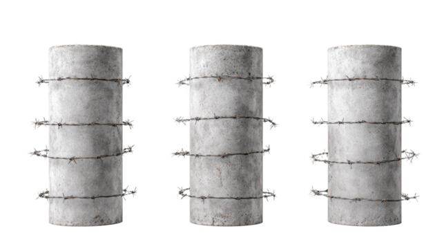Concrete Pillars with Barbed Wire A Symbol of Restriction and Isolation on white background
