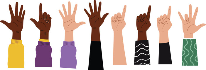 Diverse hands vector illustration showing different gestures, cartoon flat style arms, multicultural design, inclusive hand pose collection for education, communication, and graphic use © Masum Creatives