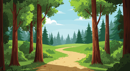Forest path landscape vector with trees, green nature background, scenic woodland trail, summer foliage, cartoon environment, peaceful hiking route, digital outdoor illustration