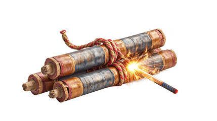 Dynamite sticks with burning fuse and match. on white background ,Explosive military or mining tnt weapon or firecrackers with sparkling wick