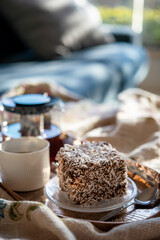 Australian Lamington Cake with Tea on a Copper Tray