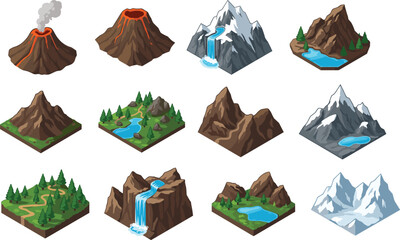 Mountain landscape vector set with volcano, snowy peaks, waterfalls, forest, rocky terrain, nature isometric illustration, game terrain assets, outdoor environment map elements © Masum Creatives