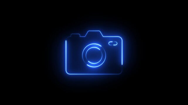 Animation of glowing neon Video camera icon isolated , recording, and film themes.Social media video camera icon for app and website.