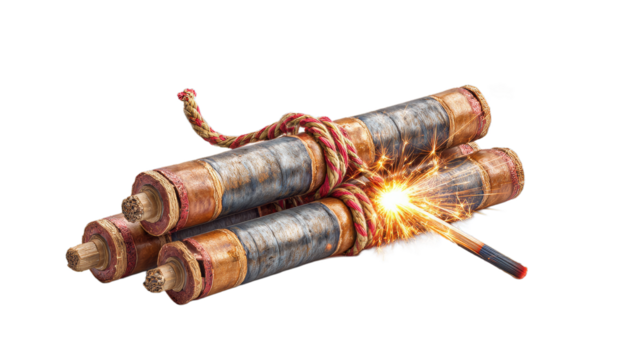 Dynamite sticks with burning fuse and match. on white background ,Explosive military or mining tnt weapon or firecrackers with sparkling wick