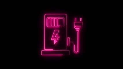 Pink Neon Electric Vehicle Charging Station Icon on Black Background with Plug and Lightning Bolt Symbol