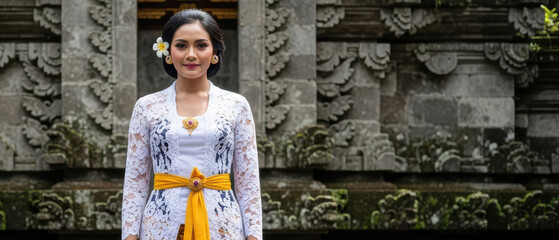 Balinese Woman in Temple Ceremony Attire with Bright Sash and Floral Details