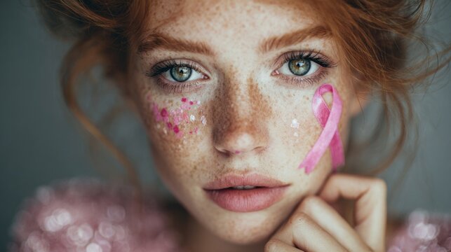 Pink Ribbon, Freckles, and Hope: A Portrait for Breast Cancer Awareness - Powered by Adobe