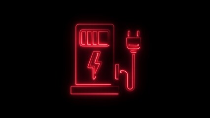 Red neon electric vehicle charging station icon with plug and lightning bolt on black background