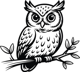 Fototapeta premium Detailed black and white illustration of an owl perched on a tree branch