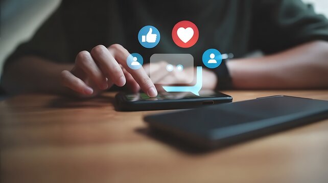 Person using a smartphone with social media icons like thumbs up heart and chat bubbles appearing above the screen