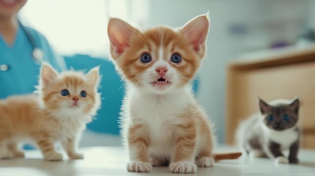 Adorable kittens visit the vet; an orange and white tabby sits center stage, meowing gleefully, flanked by two other fluffy kittens and a caring vet in the background.