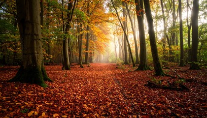Obraz premium Autumn forest path bathed in sunlight