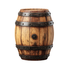 Fototapeta premium Wooden barrel, aged and robust. Dark brown wood with metal bands encircling it. Isolated on black background