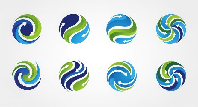 Abstract swirling oval logos featuring blue and green color palettes with dynamic arrow motifs