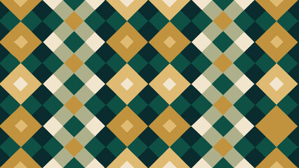 Geometric diamond pattern in shades of green gold and cream diamonds squares