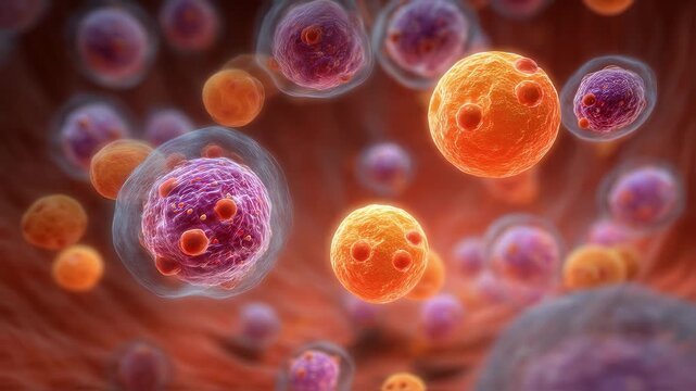 Animated sequence of vitamin A molecules accumulating and causing cellular damage in liver tissues emphasizing biochemical toxicity and organ stress. - Powered by Adobe