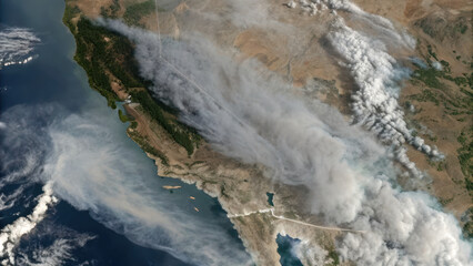 Wildfire smoke plume stretches across landscape, creating dramatic view from above. scene captures impact of natural disasters on environment