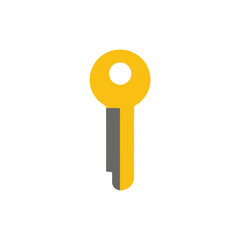 Simple yellow key icon with a shadow effect, symbolizing access, security, and finding a solution. Modern flat design illustration.