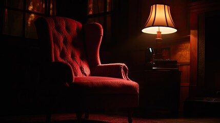 A red wingback chair bathed in warm lamplight in a dimly lit room.