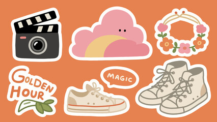 Fototapeta premium A charming vector illustration set of 'Summer Buddies' stickers. Includes a cartoon crab, duck, cat, and dog enjoying sunny weather.