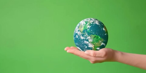 A child's hand holding a globe with a green and blue color scheme against a green background