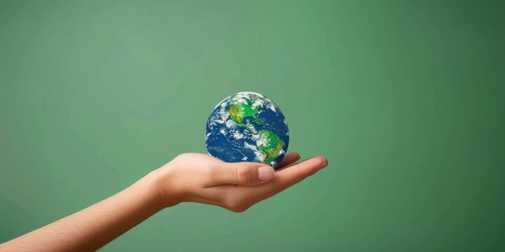 A hand holding a small, round, blue and green globe with Earth's continents and oceans depicted on it, against a green background - Powered by Adobe