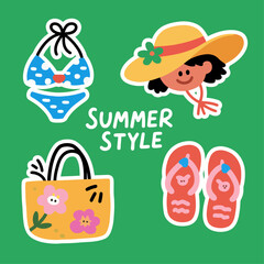 Naklejka premium A charming vector illustration set of 'Summer Buddies' stickers. Includes a cartoon crab, duck, cat, and dog enjoying sunny weather.