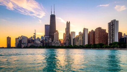 Obraz premium City skyline at sunset over water (2)