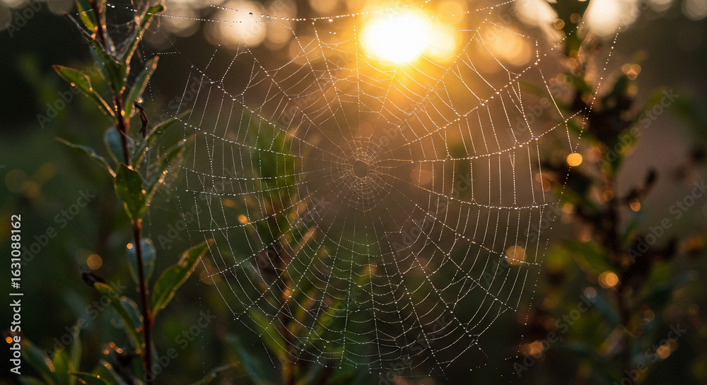 Wall mural raindrops on spider web with bokeh background