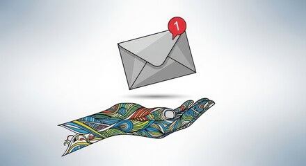 Artistic hand offers envelope with unread notification symbol symbolizing communication and new messages