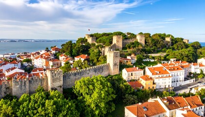 Panoramic view of ancient city walls and colorful buildings