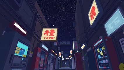 A narrow pixel alley with vending machines and light signs, darkness overhead dotted with stars