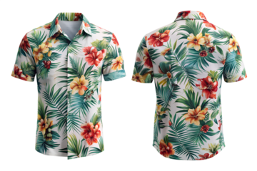 Vibrant tropical floral print short sleeve shirt design, perfect for summer beachwear and casual fashion.