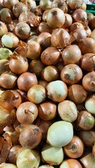 A batch of fresh medium to large onions displayed in a vegetable box tray.