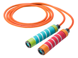 Brightly colored jump rope with textured handles on black background
