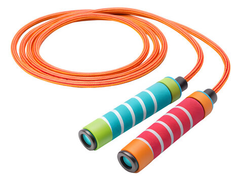Brightly colored jump rope with textured handles on black background