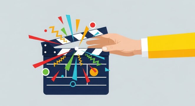 Creative explosion of filmmaking elements bursting from a clapperboard held by a hand