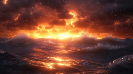 Fototapeta premium Fiery Sunset Over Ocean Waves