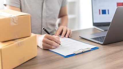 Close up of a person writing on a clipboard next to cardboard shipping boxes and a laptop with a graph on screen