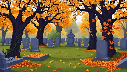 A peaceful cemetery in autumn pixel art style, surrounded by trees with golden leaves, overgrown vines and fallen leaves on the tombstones