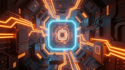 Abstract technology background featuring a digital circuit board with a processor and electronic components