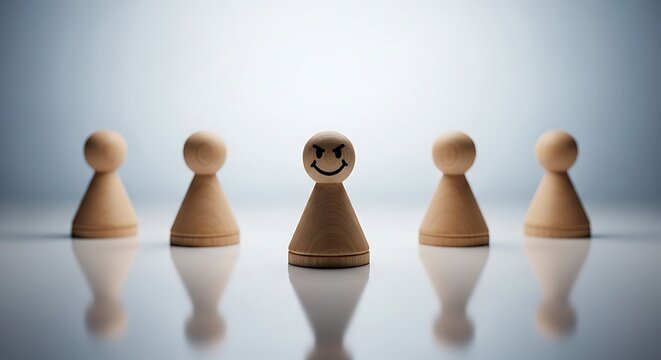 Outlier with evil smile surrounded by conformist figures concept of individuality and standing out from the crowd leadership illustration
